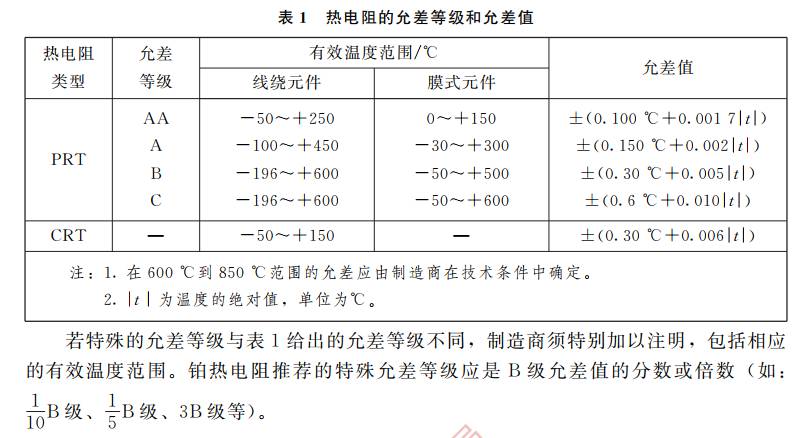 热电阻的允差等级